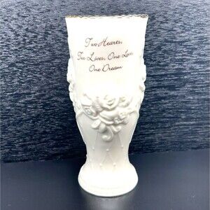Valentines/Wedding Vase “Two Hearts…One Love..” Embossed Roses, Gold Tone Trim